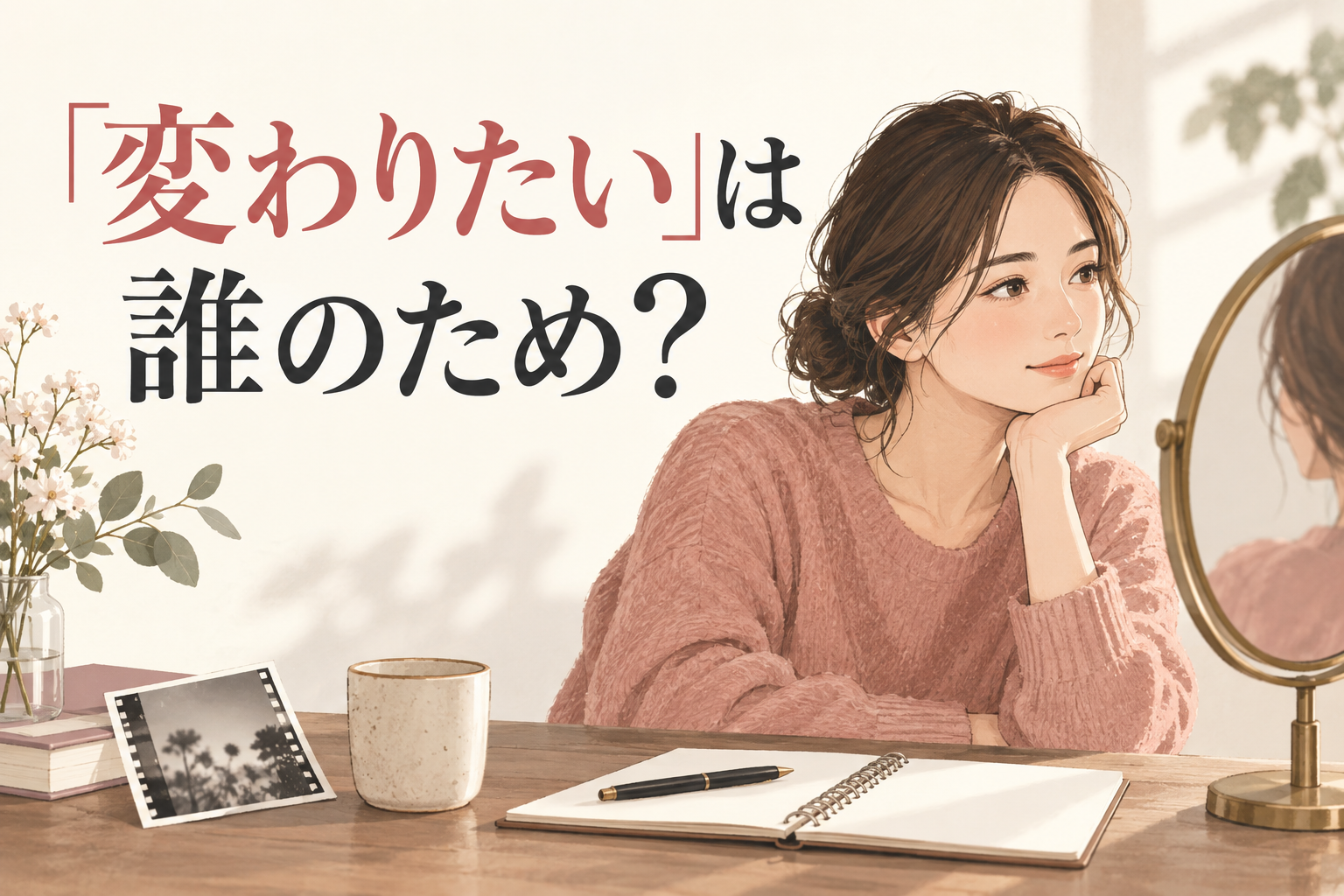 鏡とノートを前に変わりたい理由を考える女性のイラスト