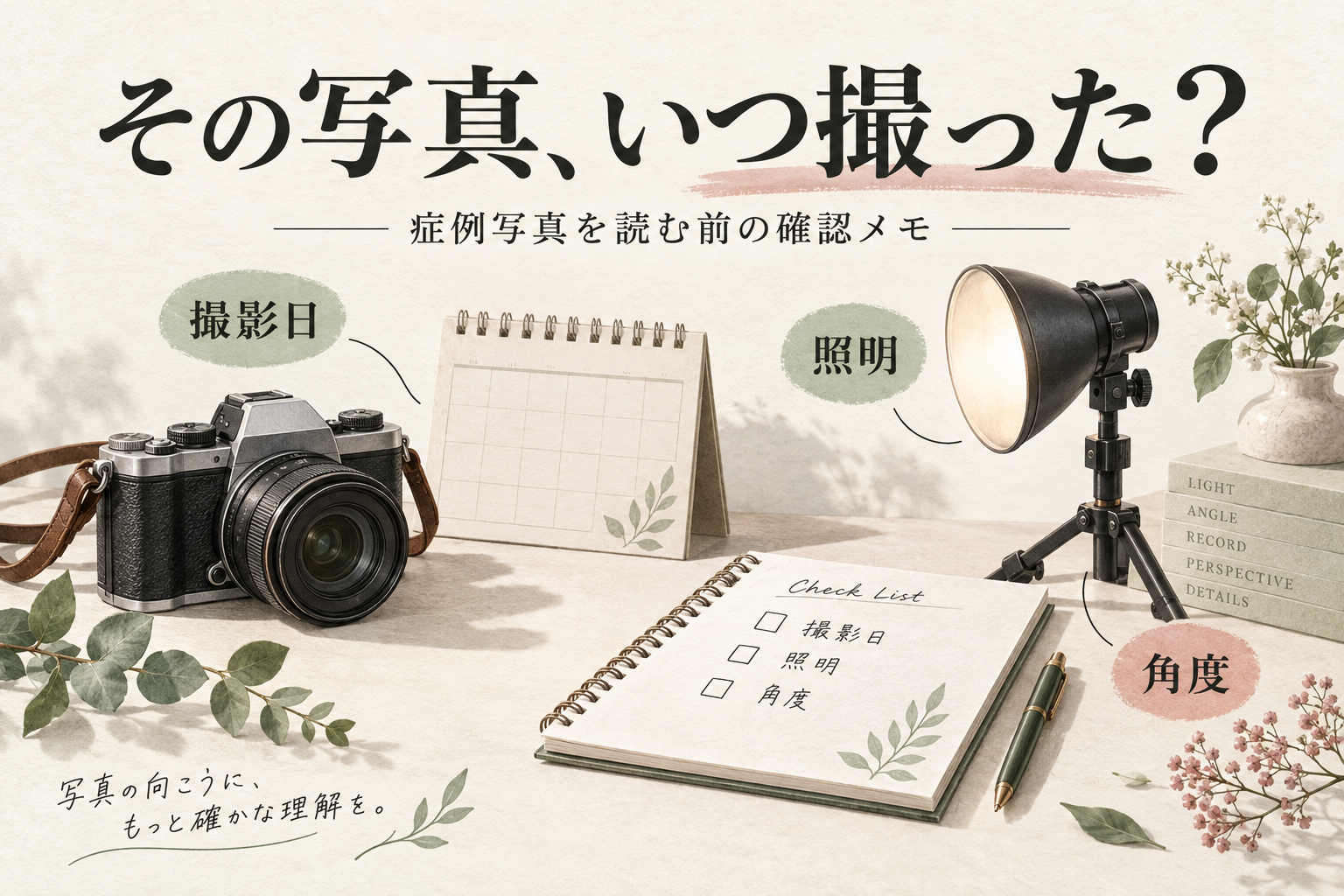 症例写真の撮影日・照明・角度を確認するためのカメラとチェックメモの説明イラスト