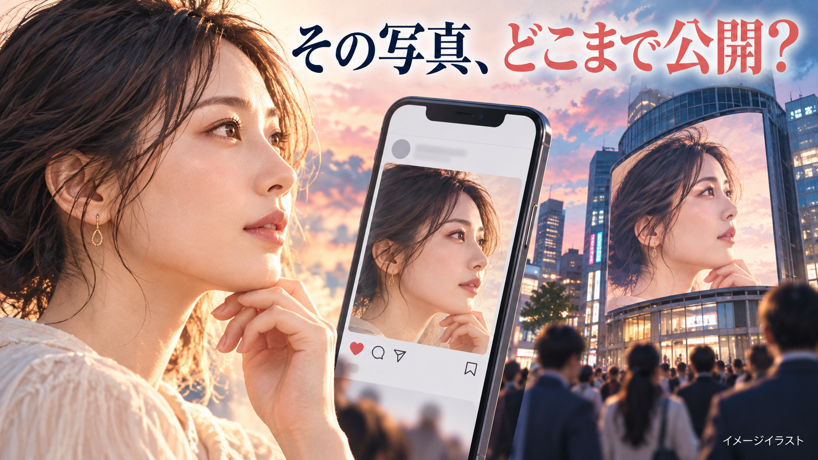 その写真、どこまで公開？ 架空の成人女性の肖像がスマートフォンや屋外広告に表示されるAI生成イラスト。写真の利用範囲を確認するためのイメージで、実際の患者や掲載事例ではありません。