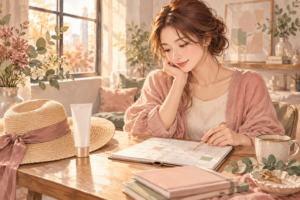 秋の窓辺で予定表と帽子を用意し、ケアの予定を考える女性のAI生成イラスト。実在の患者や治療結果ではありません。