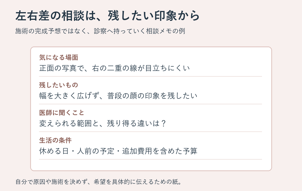 左右差の相談メモ例。気になる場面、残したい印象、医師に聞く範囲、休める日と予算をまとめる。