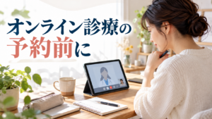 オンライン診療の予約前に確認する様子を表すAI生成イメージ。実際の診療画面や患者の写真ではありません。