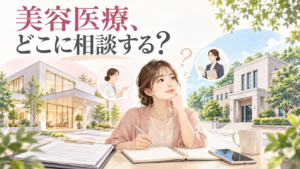 美容医療について相談先を考える女性の説明用イラスト