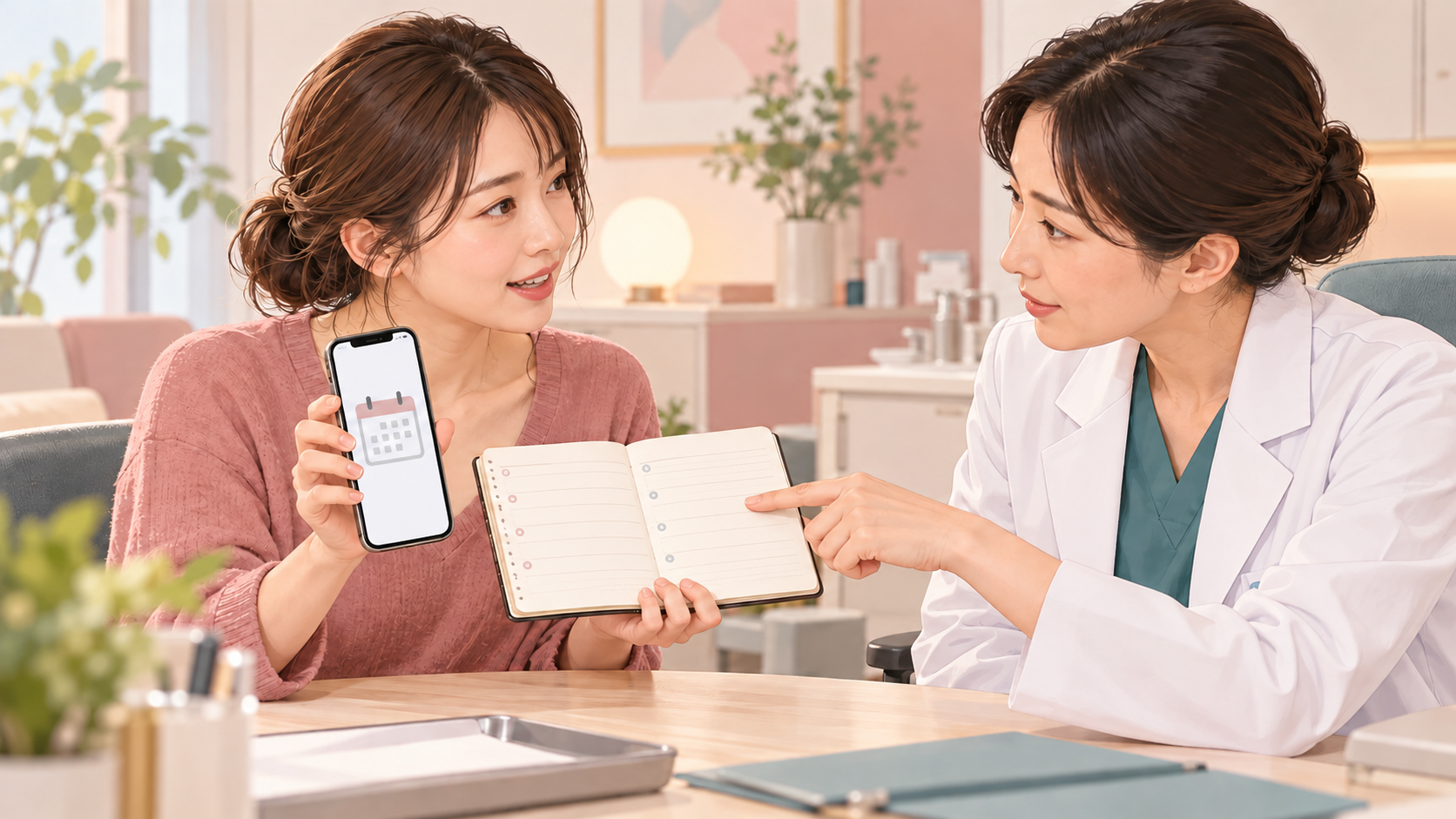 手術後の経過メモとスマートフォンを持ち、医師と話す女性。AI生成イラストで、実際の傷や治療結果は示していません。